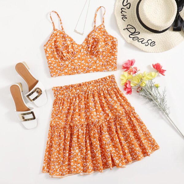 

Ditsy Floral Cami Top & Paperbag Waist Frill Trim Skirt Set, Multicolor