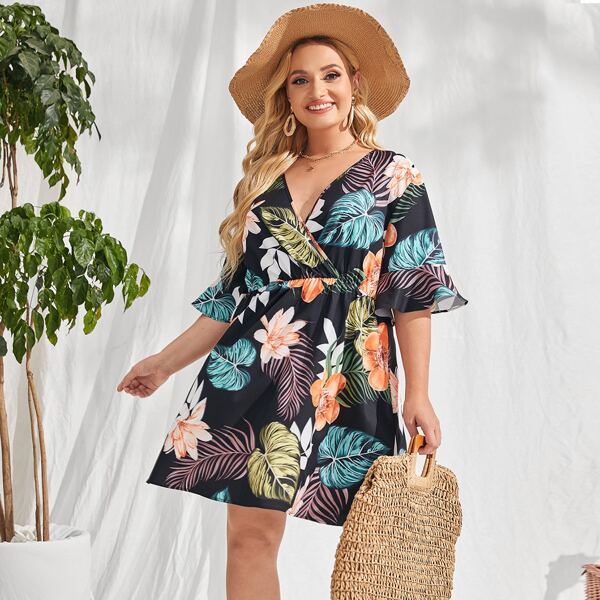 

Plus Floral And Tropical Print Dress, Multicolor