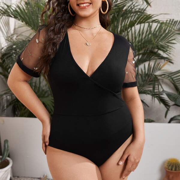 

Plus Contrast Embroidered Mesh Overlap Neck Bodysuit, Black