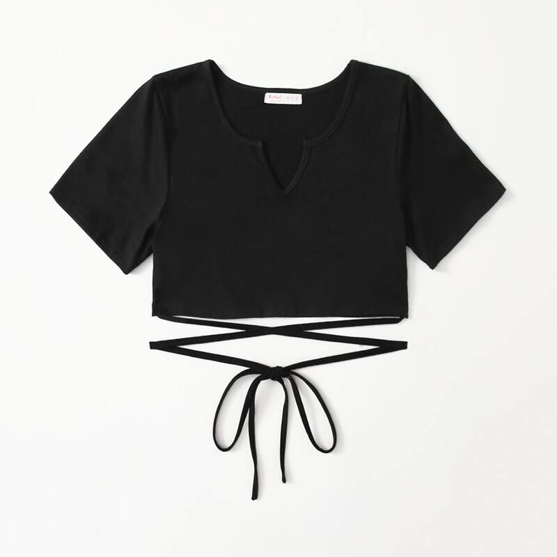 

Solid Criss Cross Crop Tee, Black