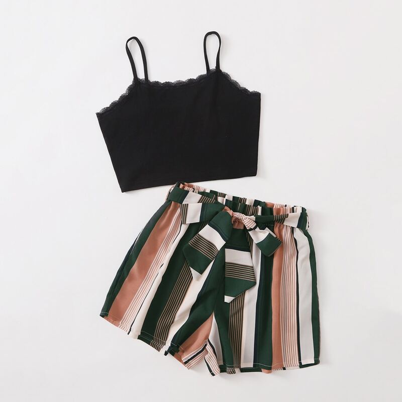 

Lace Trim Crop Cami & Striped Belted Shorts, Multicolor