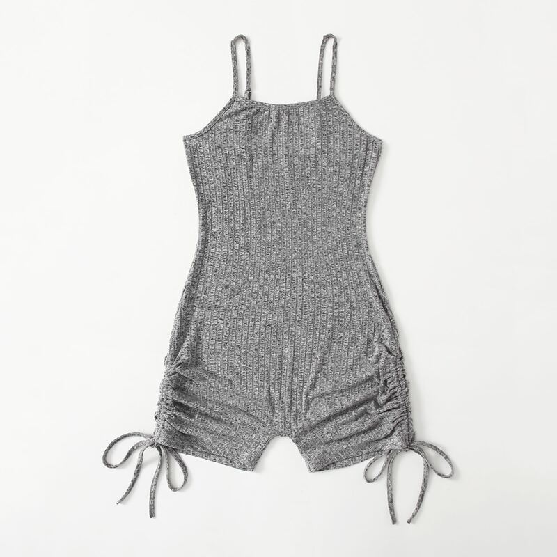 

Solid Ribbed Drawstring Ruched Jumpsuit, Grey