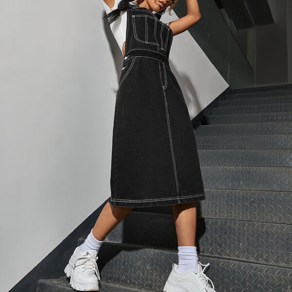 

Binding Split Back Denim Overall Dress, Black