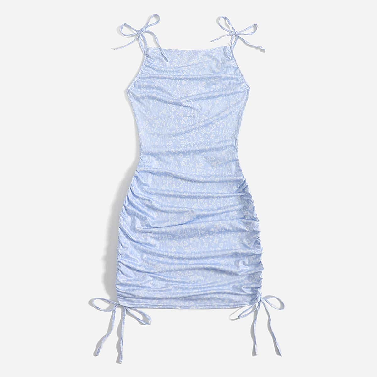

Ditsy Floral Drawstring Ruched Dress, Baby blue