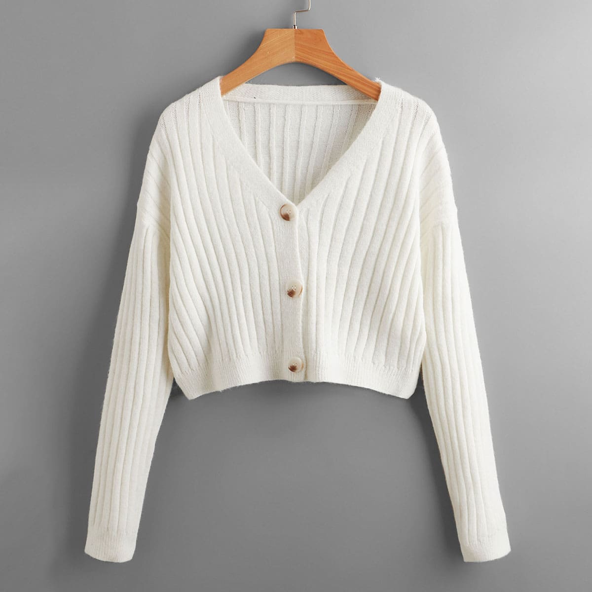 

Solid Button Front V-Neck Cardigan, White