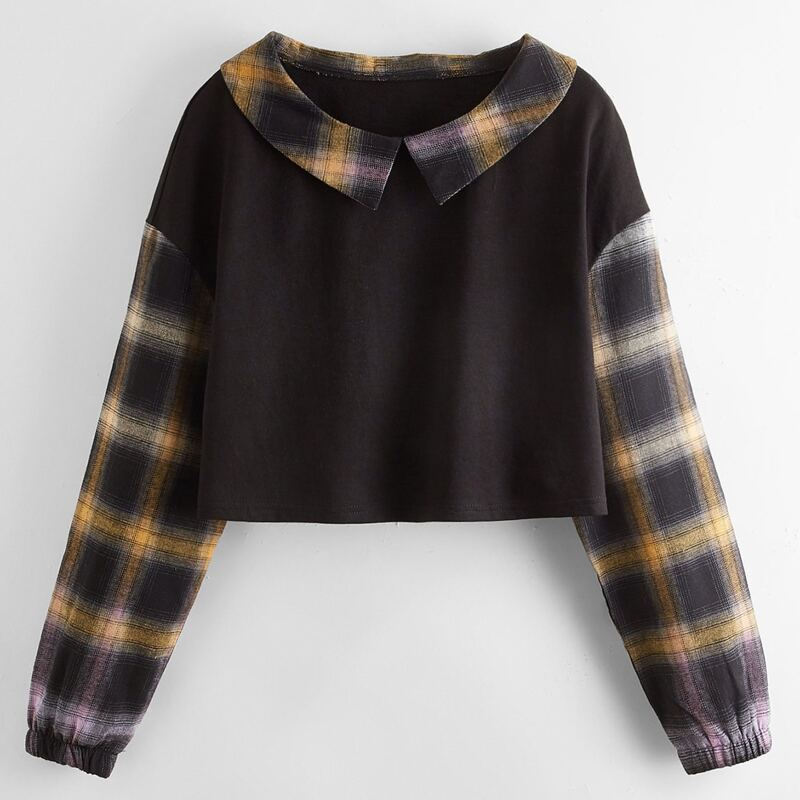 

Contrast Plaid-collar Crop Sweatshirt, Black