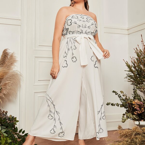 

Plus Flower Print Belted Tube Jumpsuit, White