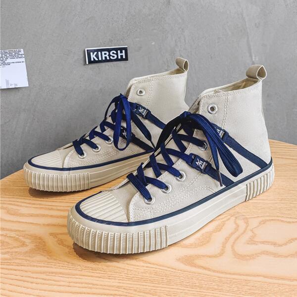 

Men Lace-up Front High Top Canvas Shoes, Beige
