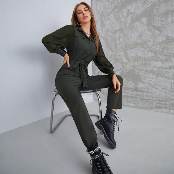 

Solid Button Up Pocket Front Belted Jumpsuit, Dark green