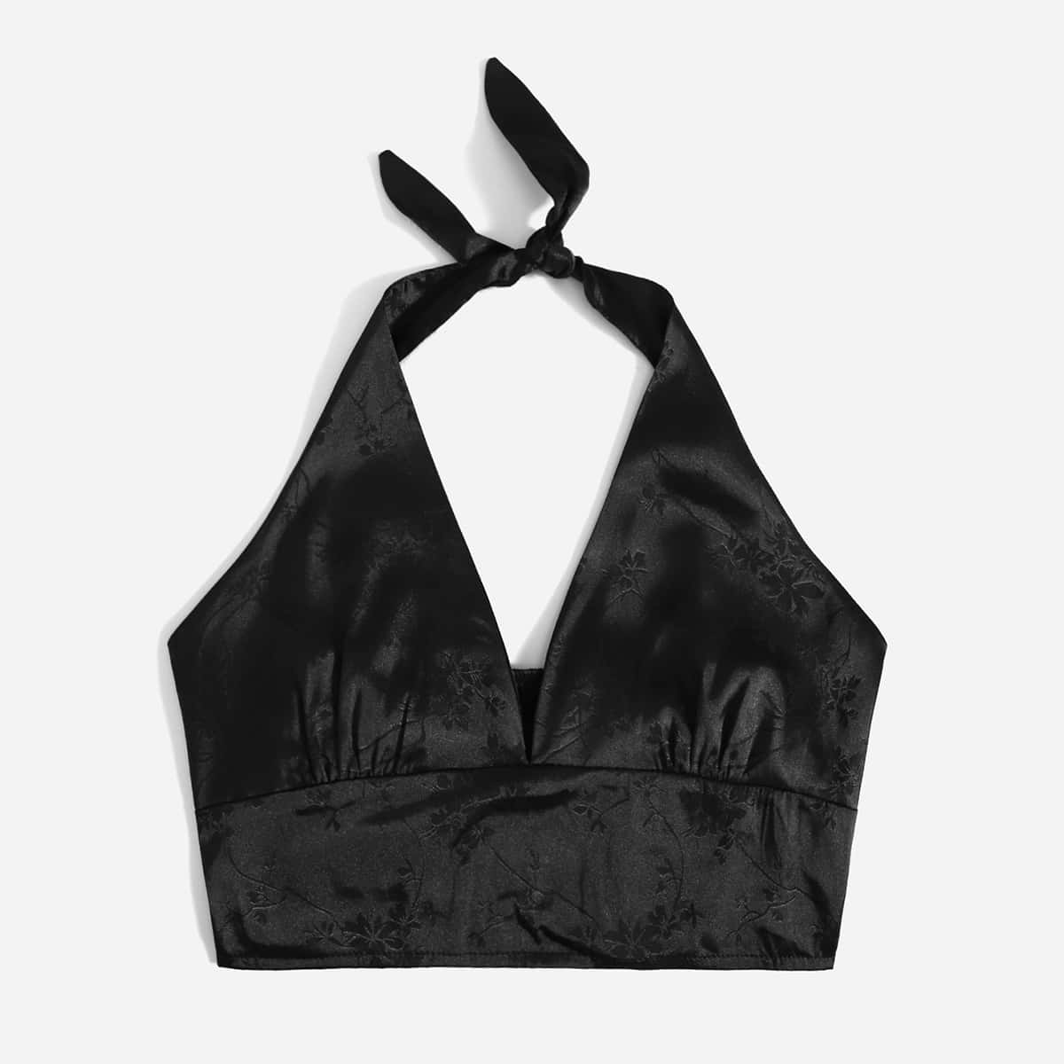 

Satin Jacquard Crop Halter Top, Black