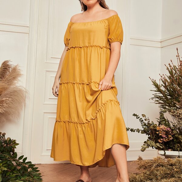 

Plus Off Shoulder Puff Sleeve Layered Hem Dress, Mustard yellow