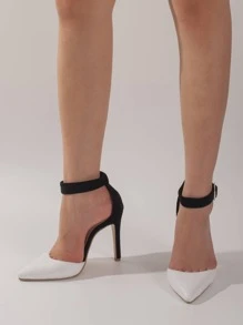 Zapatos de tacón de aguja de dos tonos con tira tobillera - Blanco y Negro - Ver 4