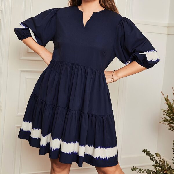 

Plus Notched Colorblock Smock Dress, Navy blue