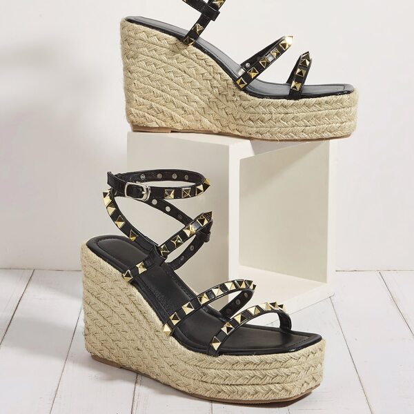 

Studded Decor Espadrille Wedge Sandals, Black