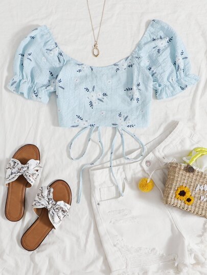 Soleia Allover Floral Lace Up Back Puff Sleeve Crop Top