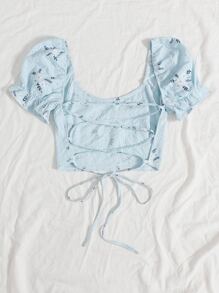 Soleia Allover Floral Lace Up Back Puff Sleeve Crop Top - Baby Blue - View 2