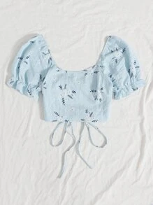 Soleia Allover Floral Lace Up Back Puff Sleeve Crop Top - Baby Blue - View 3