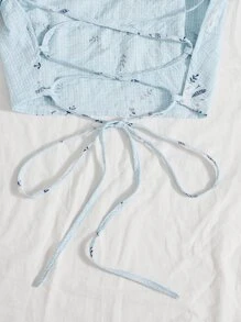 Soleia Allover Floral Lace Up Back Puff Sleeve Crop Top - Baby Blue - View 4