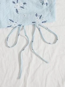 Soleia Allover Floral Lace Up Back Puff Sleeve Crop Top - Baby Blue - View 5