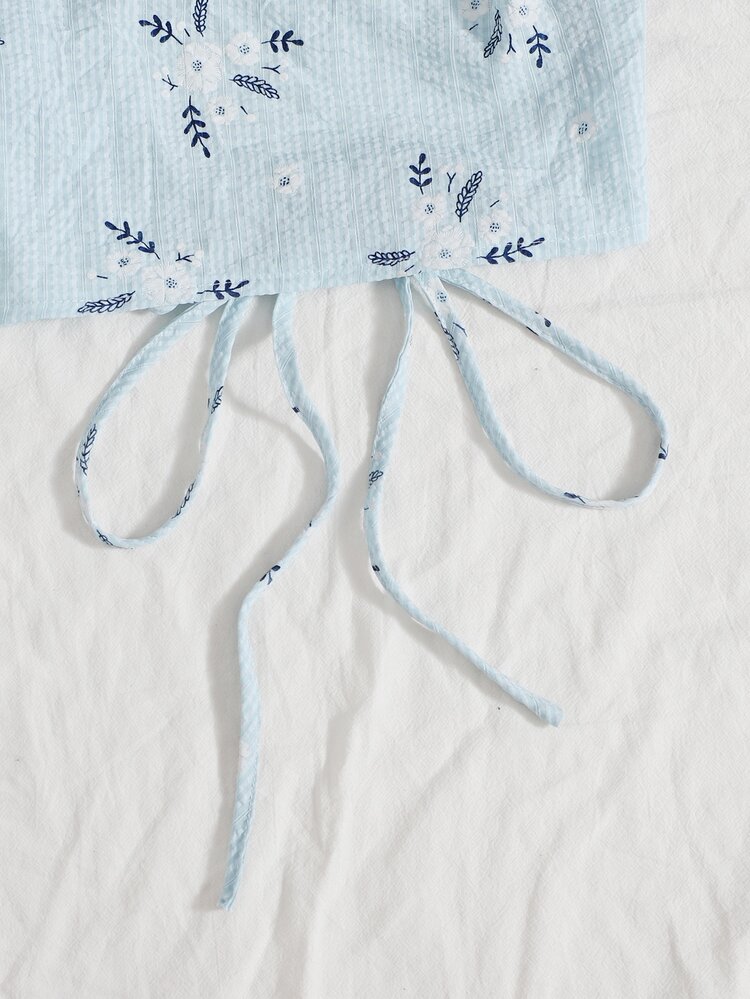 Soleia Allover Floral Lace Up Back Puff Sleeve Crop Top - Baby Blue - View 5