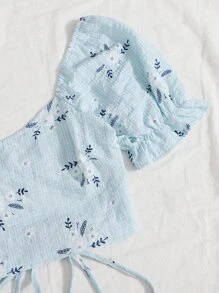 Soleia Allover Floral Lace Up Back Puff Sleeve Crop Top - Baby Blue - View 6