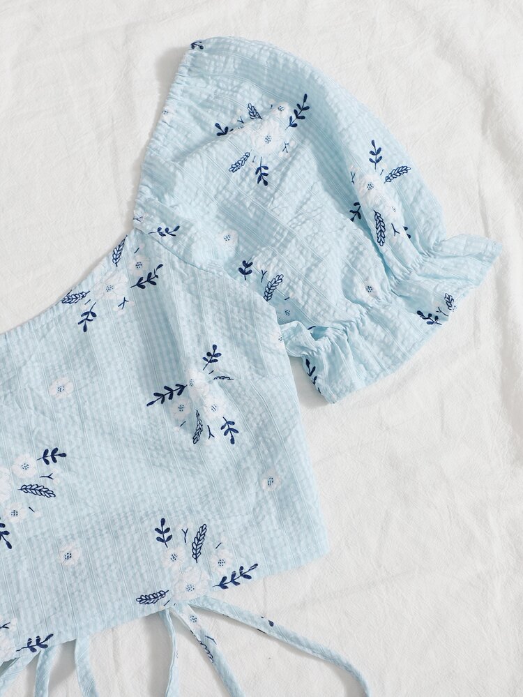 Soleia Allover Floral Lace Up Back Puff Sleeve Crop Top - Baby Blue - View 6