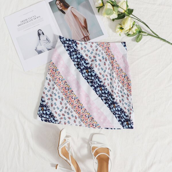 

Diagonal Striped & Ditsy Floral Skirt, Multicolor