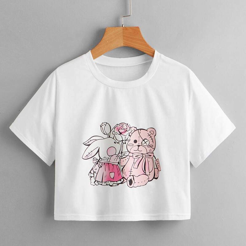 

Cartoon Bear & Rabbit Graphic Tee, White