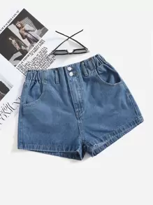 Shorts en mezclilla de cintura elástica - Azul lavado medio - Ver 1