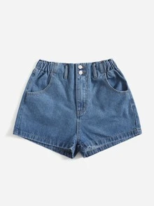 Shorts en mezclilla de cintura elástica - Azul lavado medio - Ver 3