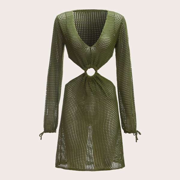 

Ring Linked Cut-out Open Knit Cover Up, Army green