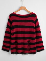 Calvaya Suéter de punto a rayas y desgarrado talla grande, para invierno, otoño y temporada de otoño