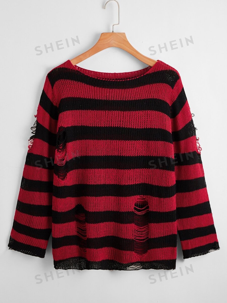 Calvaya Suéter de punto a rayas y desgarrado talla grande, para invierno, otoño y temporada de otoño - Multicolor - Ver 1