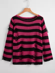 SHEIN EZwear 條紋圖案破洞針織毛衣 - 彩色 - 查看 1