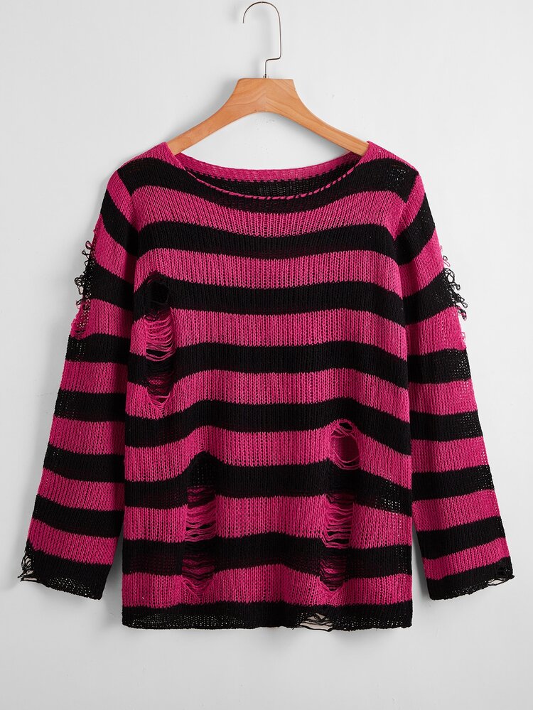 SHEIN EZwear Stripe Pattern Ripped Knit Sweater - Multicolor - View 1
