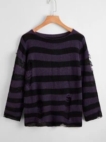 SHEIN EZwear Jersey Desgarro A rayas Casual - Morado - Ver 1