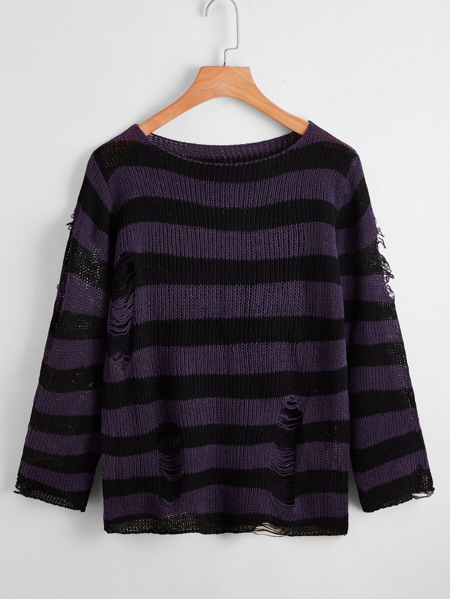 SHEIN EZwear Jersey Desgarro A rayas Casual - Morado - Ver 1