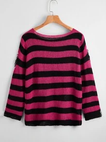 SHEIN EZwear 條紋圖案破洞針織毛衣 - 彩色 - 查看 2