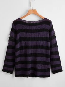 SHEIN EZwear Jersey Desgarro A rayas Casual - Morado - Ver 2