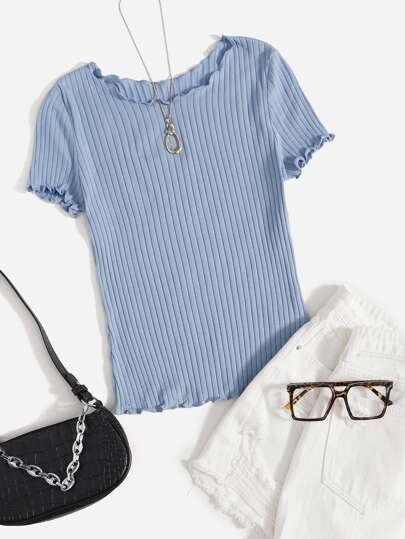 SHEIN EZwear Ribbed Lettuce-Edge Form-Fitting Top