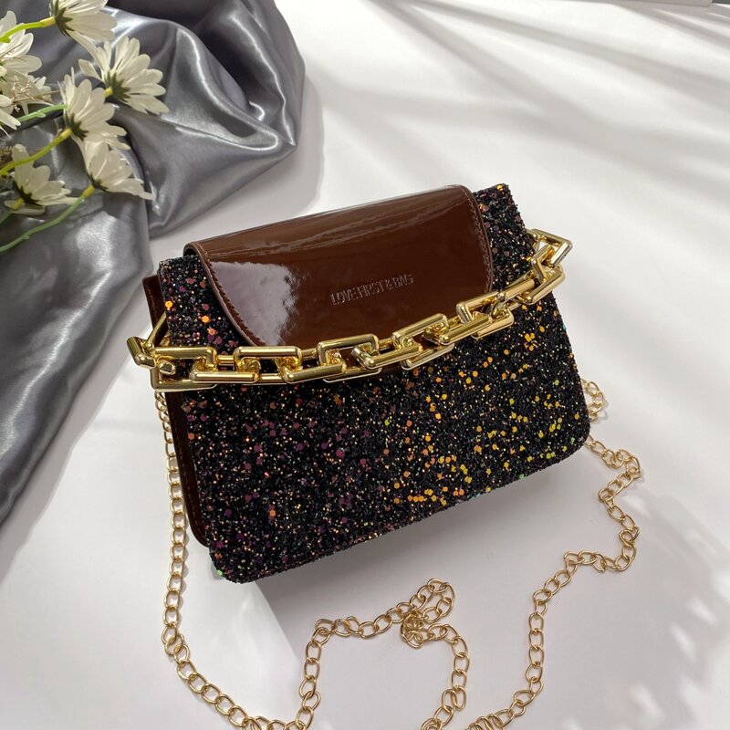 

Glitter Decor Chain Satchel Bag, Brown