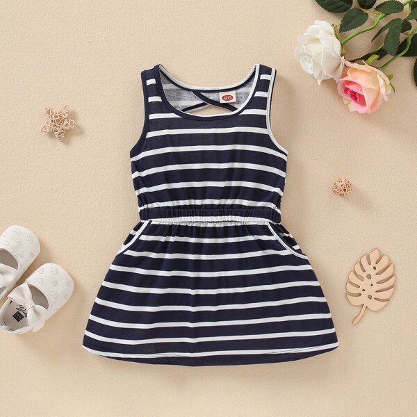 

Baby Girl Striped Cut Out A-line Dress, Blue and white