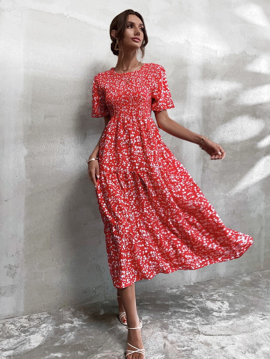 Ditsy Floral Shirred Bodice Dress - Red - View 1