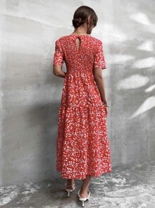 Ditsy Floral Shirred Bodice Dress - Red - View 2