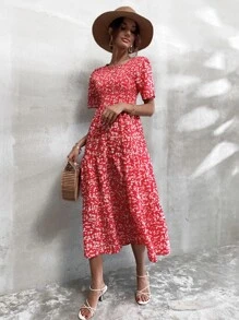 Ditsy Floral Shirred Bodice Dress - Red - View 3