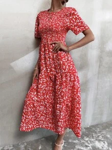 Ditsy Floral Shirred Bodice Dress - Red - View 4