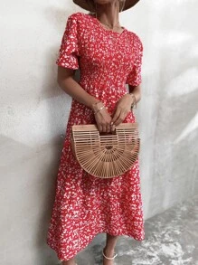 Ditsy Floral Shirred Bodice Dress - Red - View 5