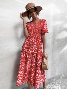 Ditsy Floral Shirred Bodice Dress - Red - View 6