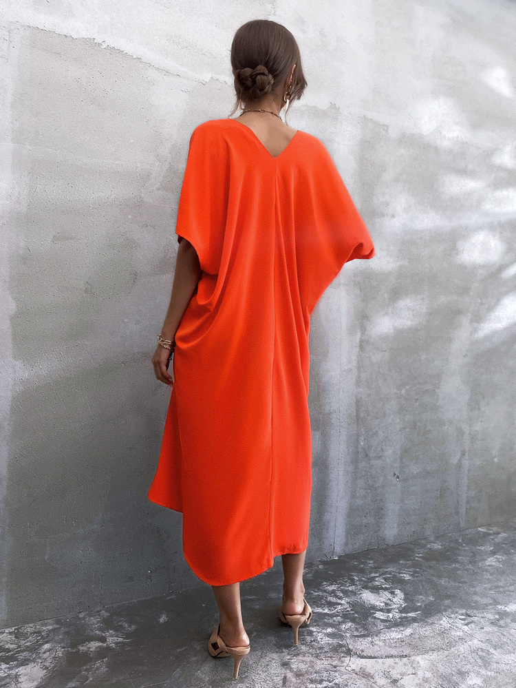 Aveloria 素色深V領洋裝不附腰帶 - 橘色 - 查看 2