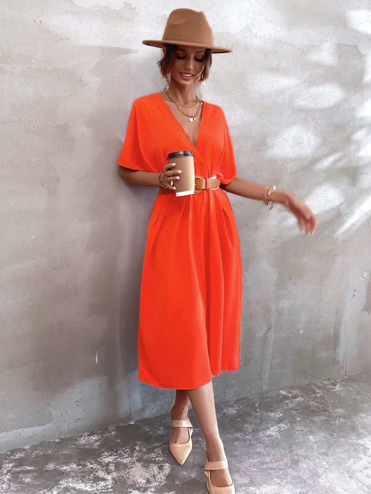 Aveloria 素色深V領洋裝不附腰帶 - 橘色 - 查看 4